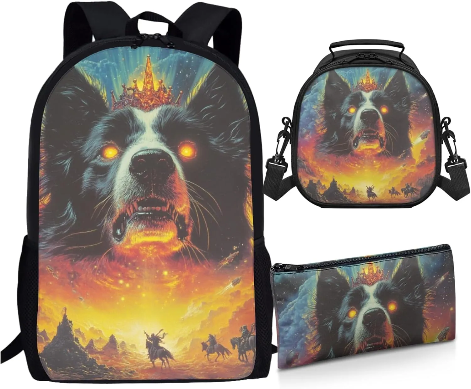 AmzPrint Border Collie Dog School Bag With Lunch Box Bags For Boys Elementary School 3Pcs Backpack Set