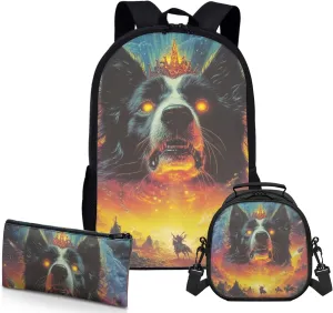 AmzPrint Border Collie Dog School Bag With Lunch Box Bags For Boys Elementary School 3Pcs Backpack Set