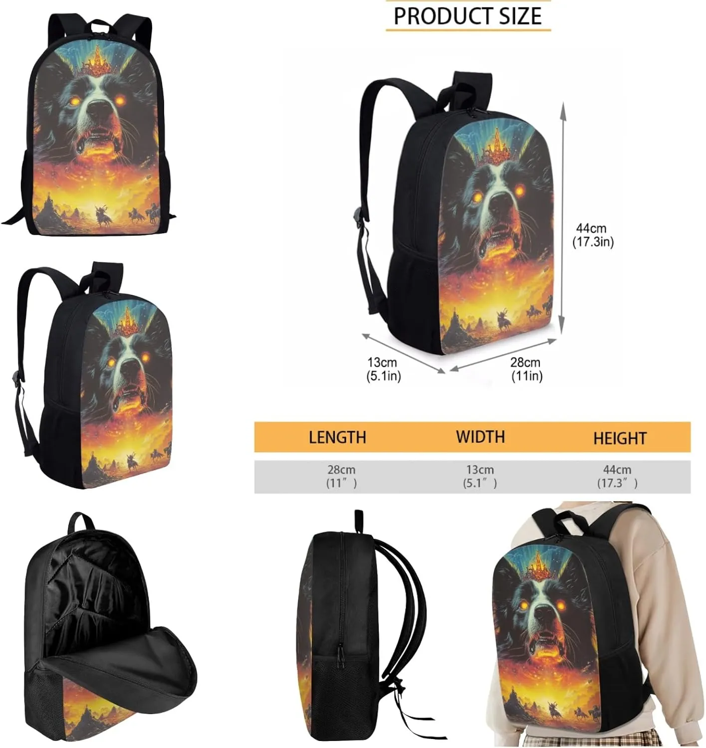 AmzPrint Border Collie Dog School Bag With Lunch Box Bags For Boys Elementary School 3Pcs Backpack Set