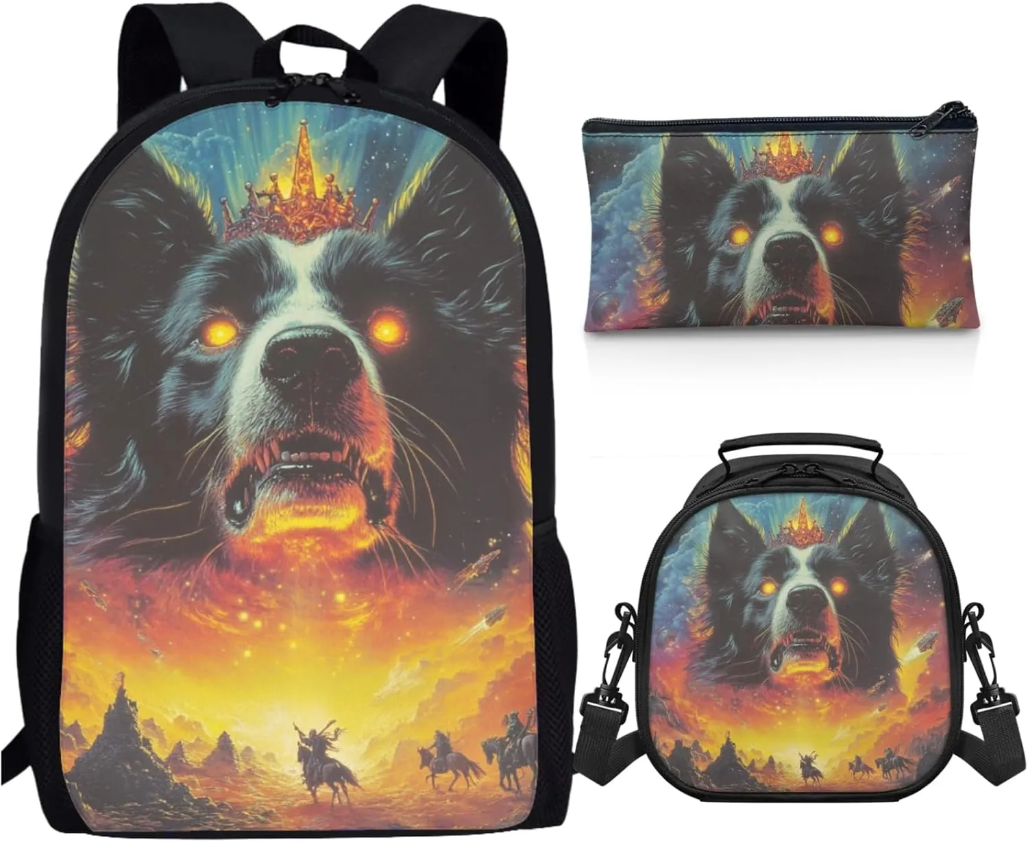 AmzPrint Border Collie Dog School Bag With Lunch Box Bags For Boys Elementary School 3Pcs Backpack Set