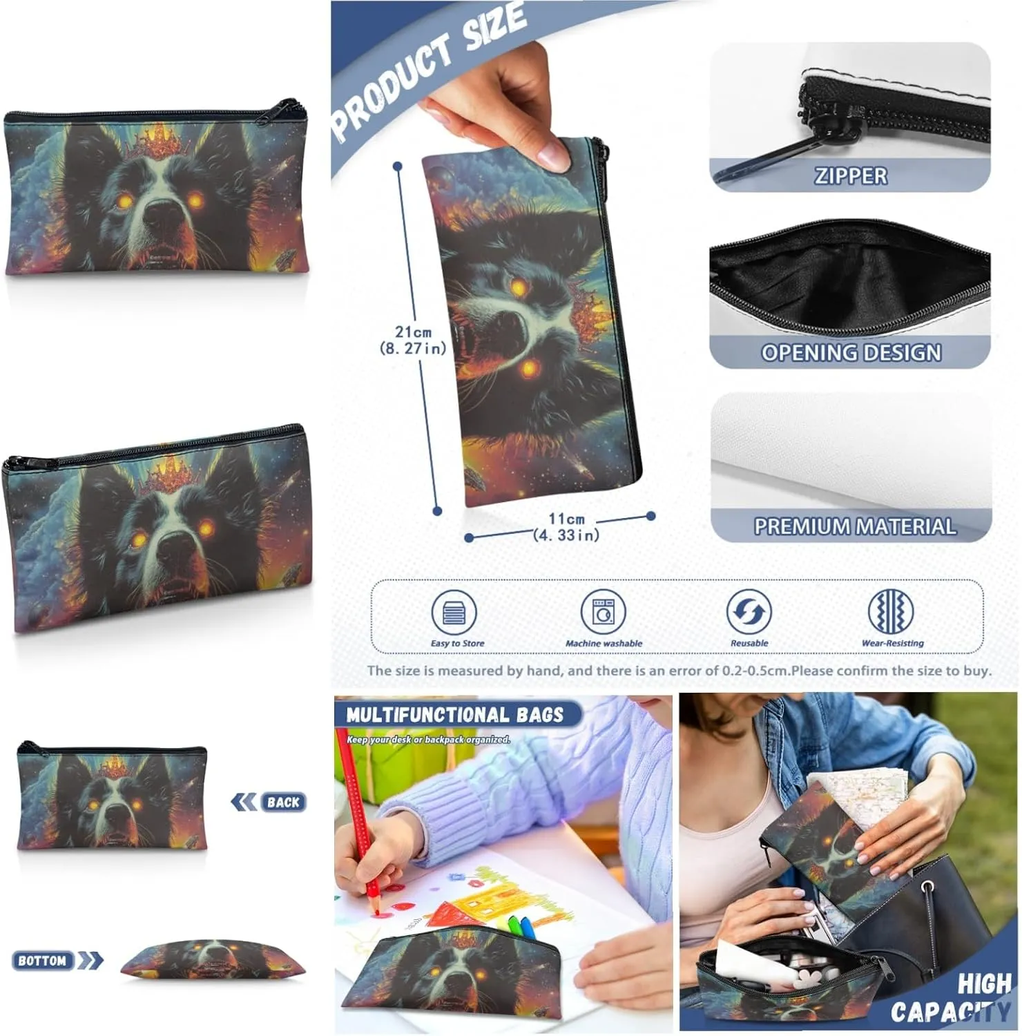 AmzPrint Border Collie Dog School Bag With Lunch Box Bags For Boys Elementary School 3Pcs Backpack Set