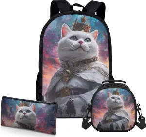 AmzPrint British Shorthair Cat School Backpack And Lunch Box Bags For Boys Primary School 3 Pcs Backpack Set