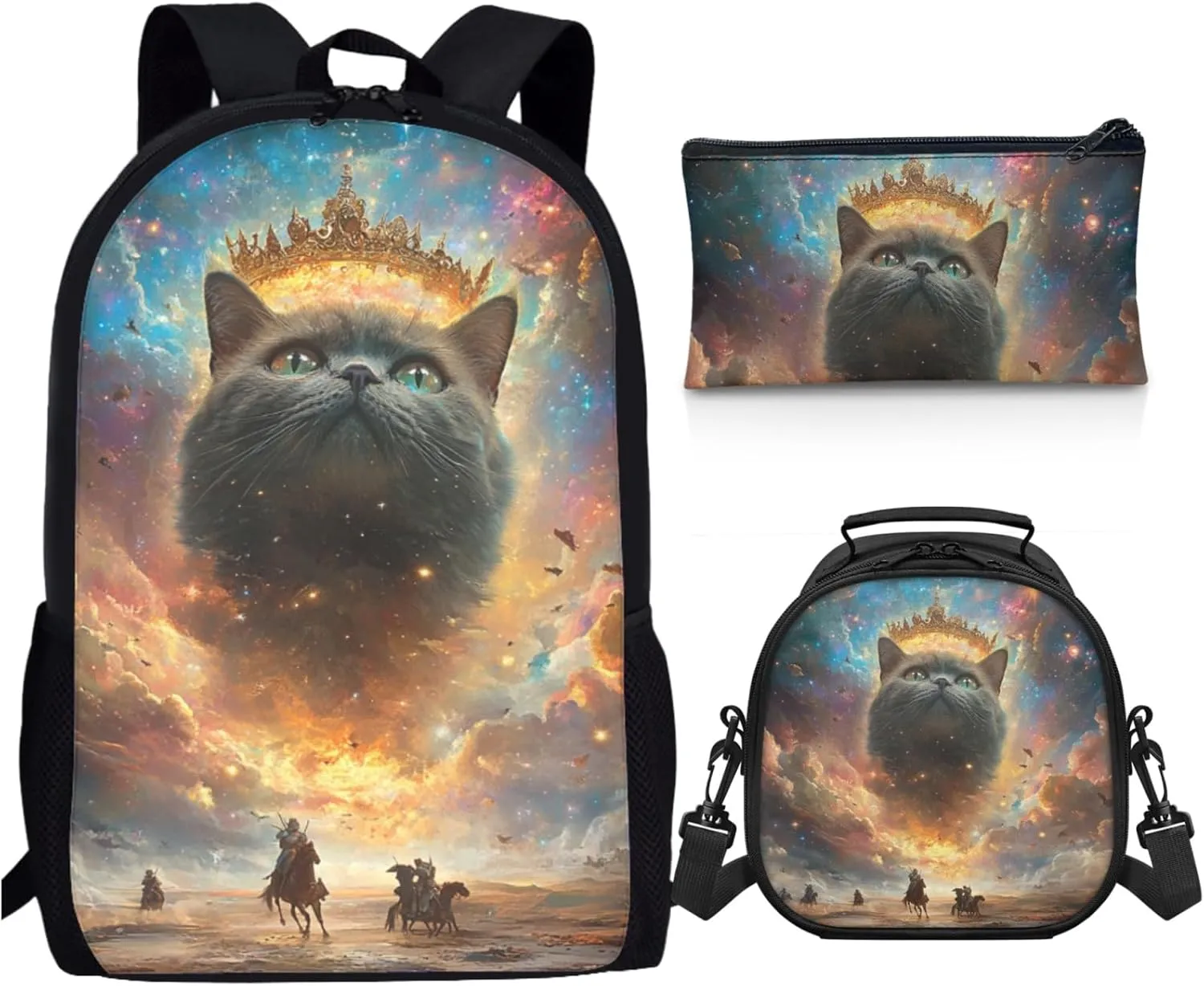AmzPrint British Shorthair Cat School Backpack And Lunch Box Bags Set For Girls Preschool 3-In-1 Backpack Set