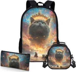 AmzPrint British Shorthair Cat School Backpack And Lunch Box Bags Set For Girls Preschool 3-In-1 Backpack Set