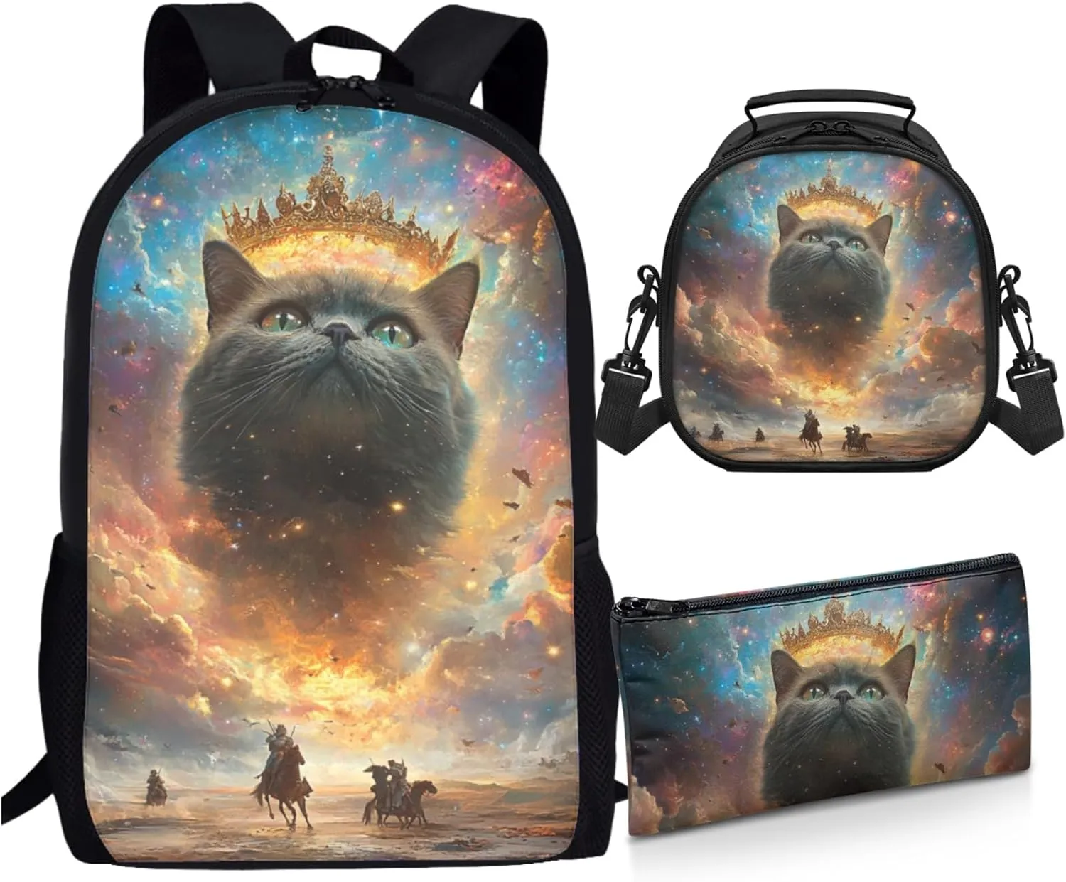 AmzPrint British Shorthair Cat School Backpack And Lunch Box Bags Set For Girls Preschool 3-In-1 Backpack Set