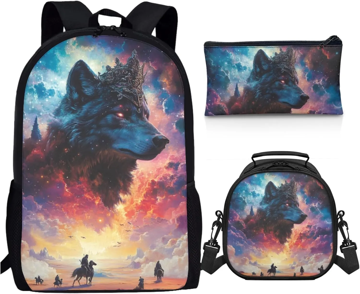 AmzPrint Czechoslovakian Wolfdog Dog Bookbag Matching Lunch Box Bags Sets For Boys High School 3-Piece Backpack Set