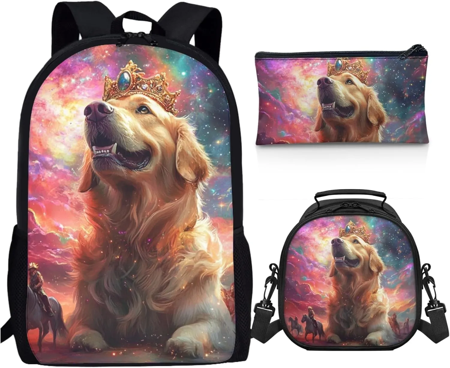 AmzPrint Golden Retriever Dog School Backpacks And Lunch Box Bags For Boys Middle School 3-In-1 Backpack Set