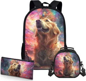 AmzPrint Golden Retriever Dog School Backpacks And Lunch Box Bags For Boys Middle School 3-In-1 Backpack Set