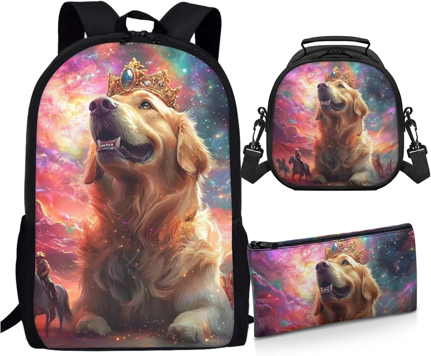 AmzPrint Golden Retriever Dog School Backpacks And Lunch Box Bags For Boys Middle School 3-In-1 Backpack Set