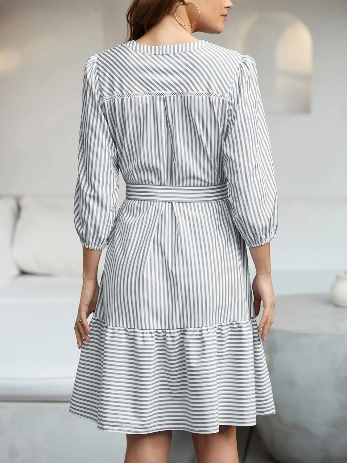 Angashion Women Striped Shirt Dress: Casual V Neck Button Down 3/4 Sleeve Belted Midi Dress Ruffle Flowy with Pockets