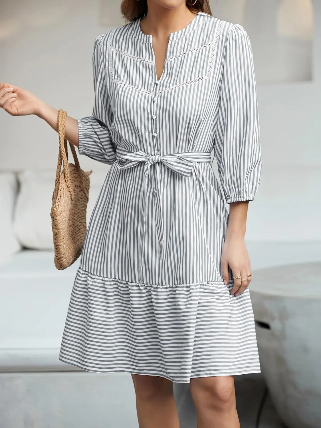 Angashion Women Striped Shirt Dress: Casual V Neck Button Down 3/4 Sleeve Belted Midi Dress Ruffle Flowy with Pockets