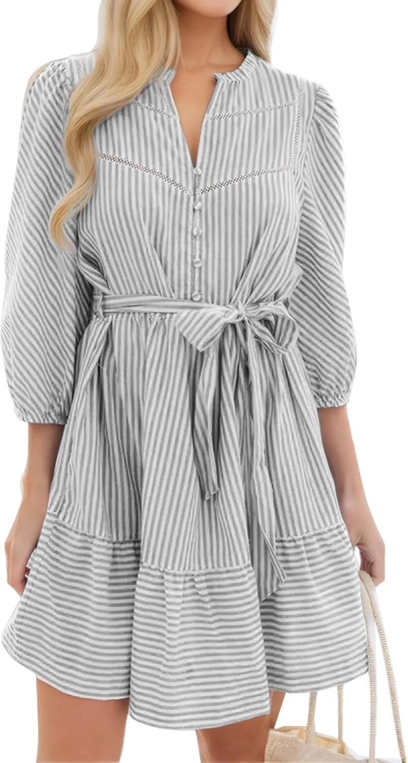 Angashion Women Striped Shirt Dress: Casual V Neck Button Down 3/4 Sleeve Belted Midi Dress Ruffle Flowy with Pockets