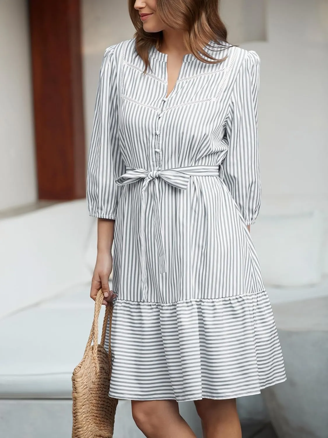 Angashion Women Striped Shirt Dress: Casual V Neck Button Down 3/4 Sleeve Belted Midi Dress Ruffle Flowy with Pockets