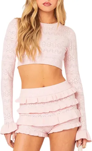 Aonoapll Women 2 Piece Ribbed Knit Outfits Long Sleeve Crop Top and Ruffle Layered Shorts Pajama Set Y2k Loungewear