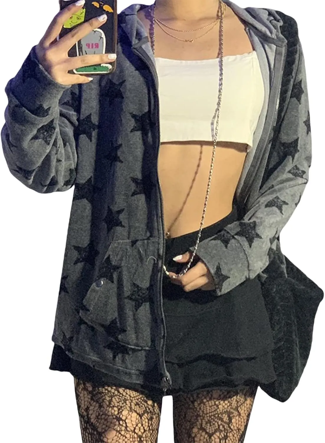 Aopwsrlyi Women Vintage Star Graphic Zip Up Hoodies Oversized Long Sleeve Gothic Punk Sweatshirt Casual Jackets Streetwear