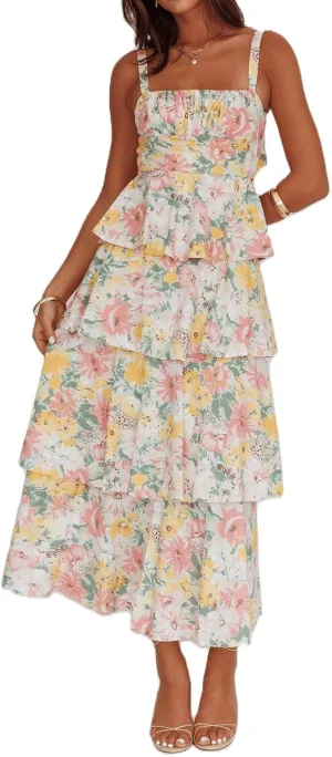 Argeousgor Womens Floral Print Maxi Dresses Tiered Ruffles Long Dress Spaghetti Strap Sleeveless Flowy Layered Sundress