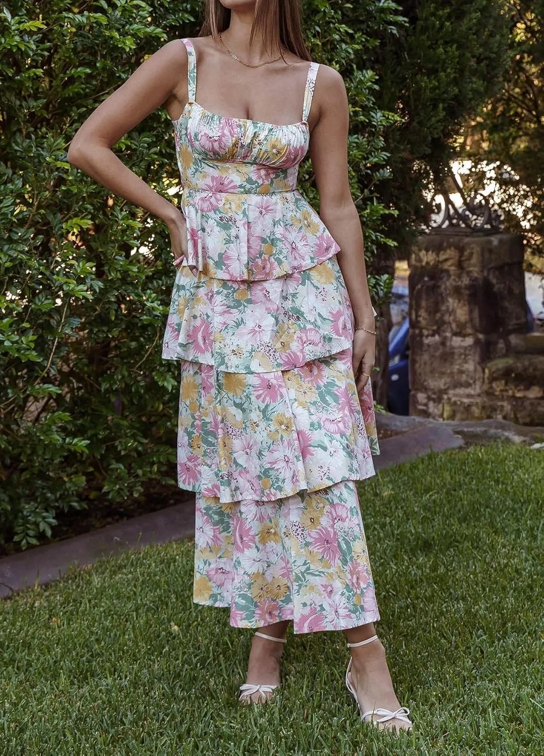Argeousgor Womens Floral Print Maxi Dresses Tiered Ruffles Long Dress Spaghetti Strap Sleeveless Flowy Layered Sundress