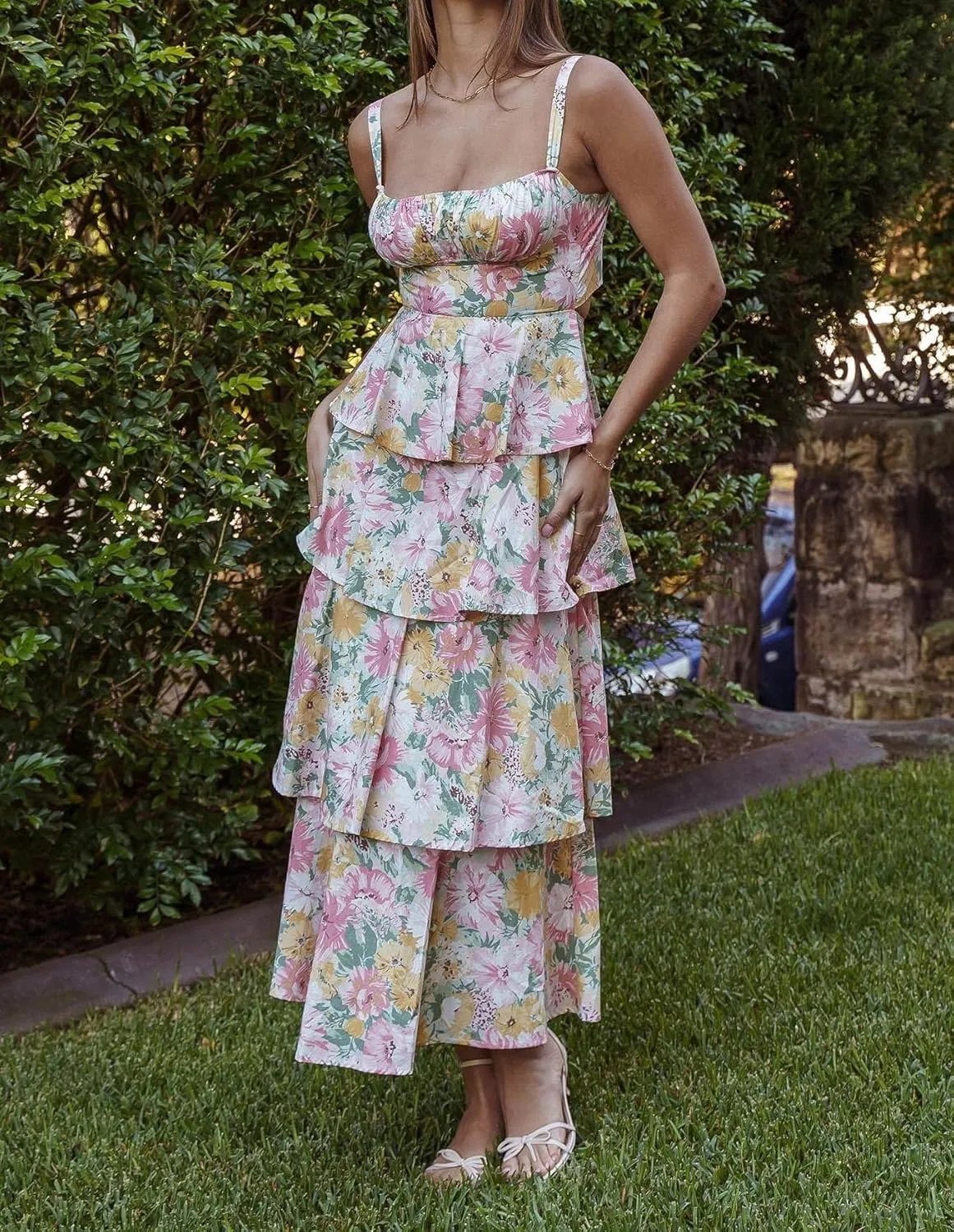 Argeousgor Womens Floral Print Maxi Dresses Tiered Ruffles Long Dress Spaghetti Strap Sleeveless Flowy Layered Sundress