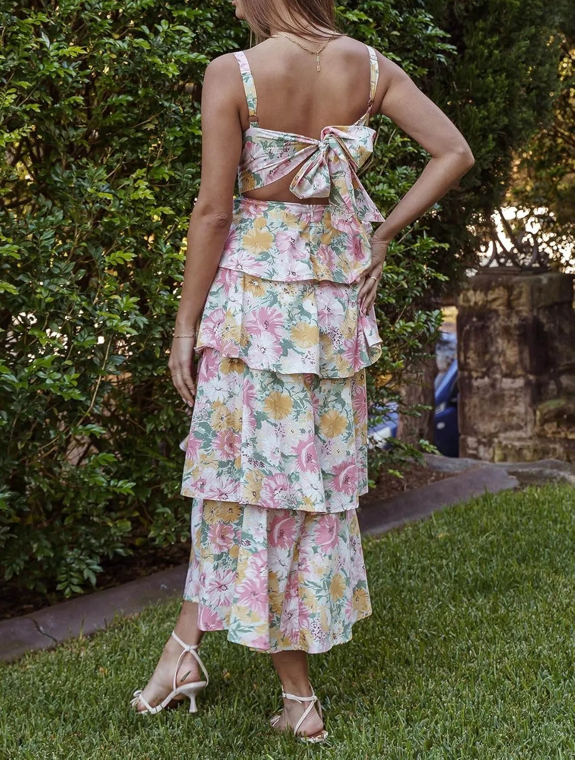 Argeousgor Womens Floral Print Maxi Dresses Tiered Ruffles Long Dress Spaghetti Strap Sleeveless Flowy Layered Sundress