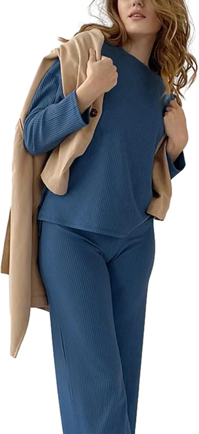 Argeousgor Womens Ribbed Knit Two Piece Pajamas Set Long Sleeve Pullover Tops Wide Leg Pants Sleepwear Loungewear Outfits