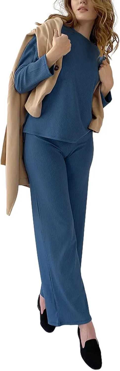 Argeousgor Womens Ribbed Knit Two Piece Pajamas Set Long Sleeve Pullover Tops Wide Leg Pants Sleepwear Loungewear Outfits