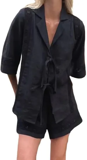 Argeousgor Womens Ruffle Pajama Sets 2 Piece Tie Front Blouse and Linen Shorts Set Ruffled Lounge Set Sleepwear