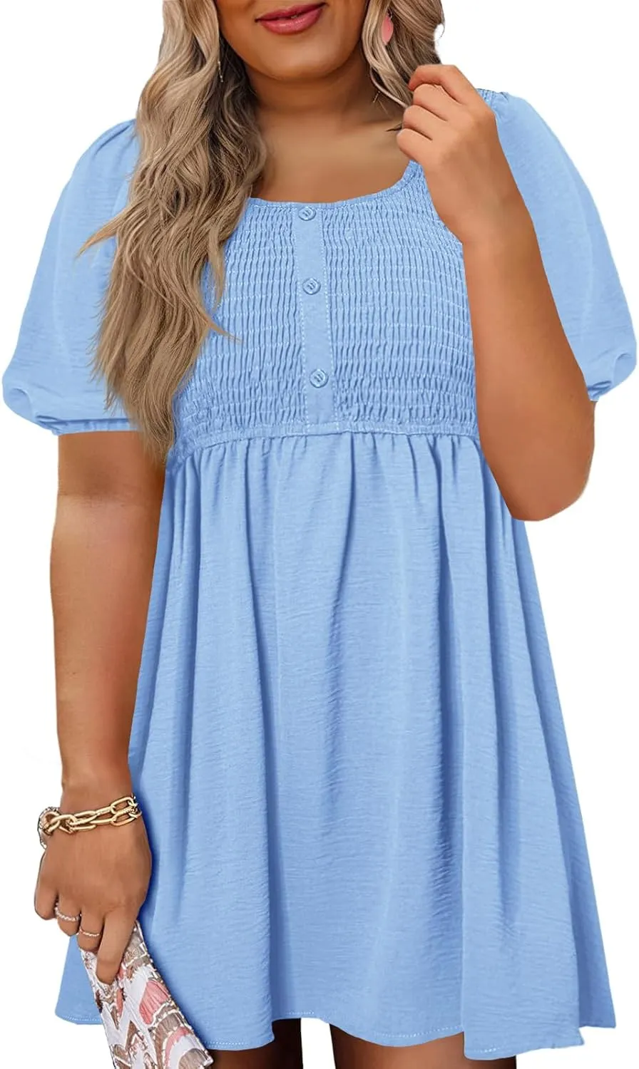 Beautife Women's Plus Size Smocked Summer Dress Casual Button Puff Sleeve Scoop Neck A-Line Beach Mini Dress