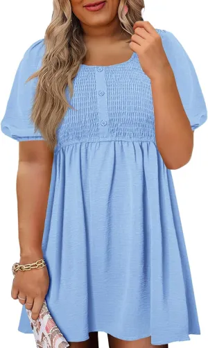 Beautife Women's Plus Size Smocked Summer Dress Casual Button Puff Sleeve Scoop Neck A-Line Beach Mini Dress