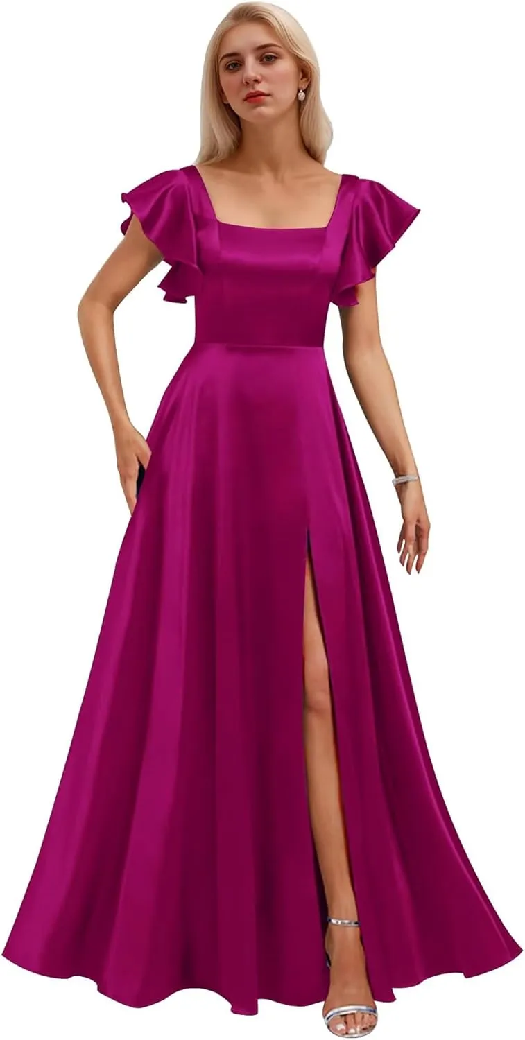 Bekvamlighet Flutter Sleeve Prom Dresses Long Satin Square Bridesmaid Dress for Women Formal Evening Gowns with Slit