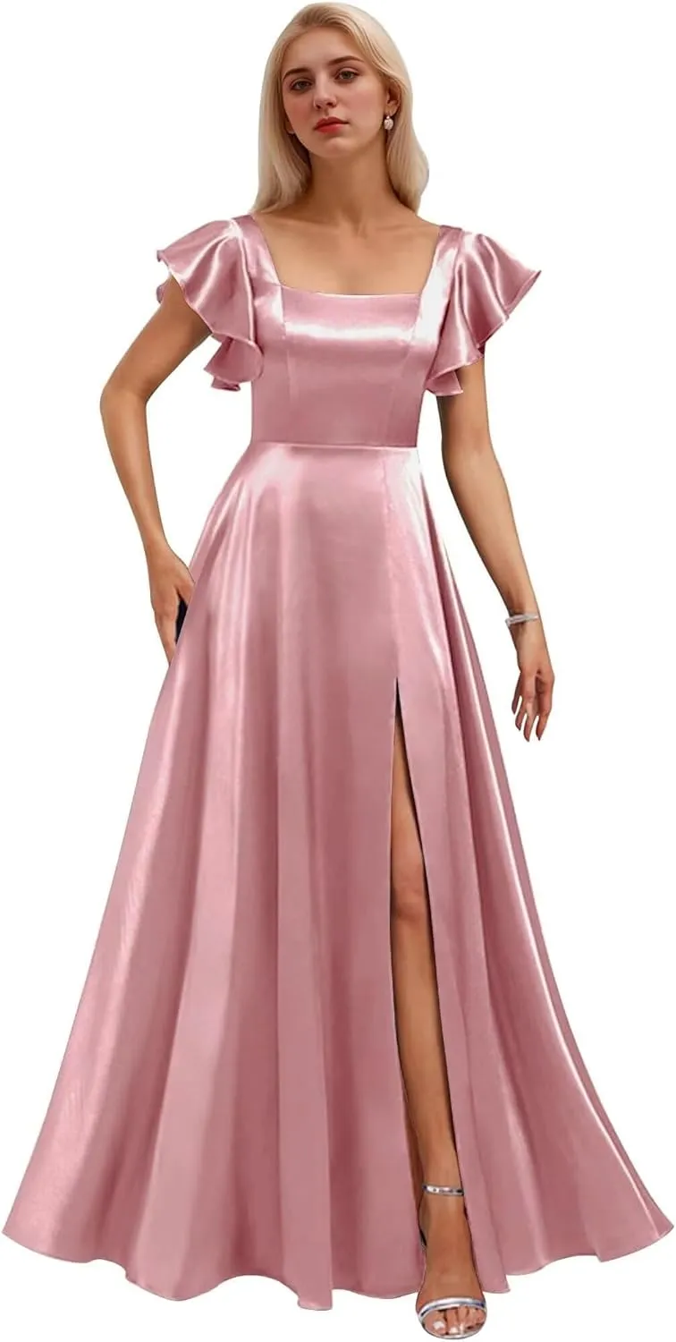 Bekvamlighet Flutter Sleeve Prom Dresses Long Satin Square Bridesmaid Dress for Women Formal Evening Gowns with Slit