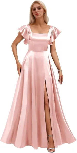 Bekvamlighet Flutter Sleeve Prom Dresses Long Satin Square Bridesmaid Dress for Women Formal Evening Gowns with Slit