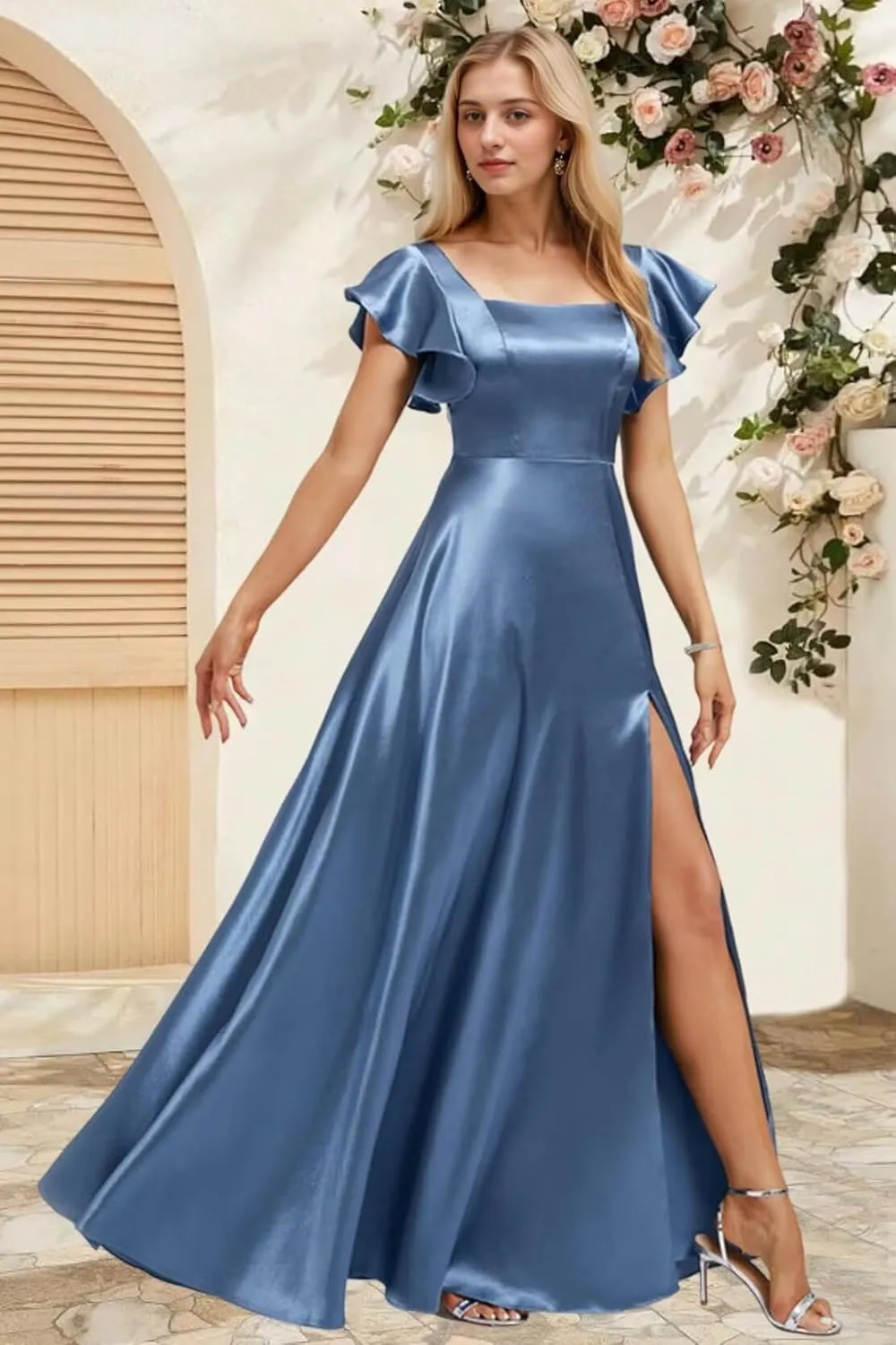 Bekvamlighet Flutter Sleeve Prom Dresses Long Satin Square Bridesmaid Dress for Women Formal Evening Gowns with Slit