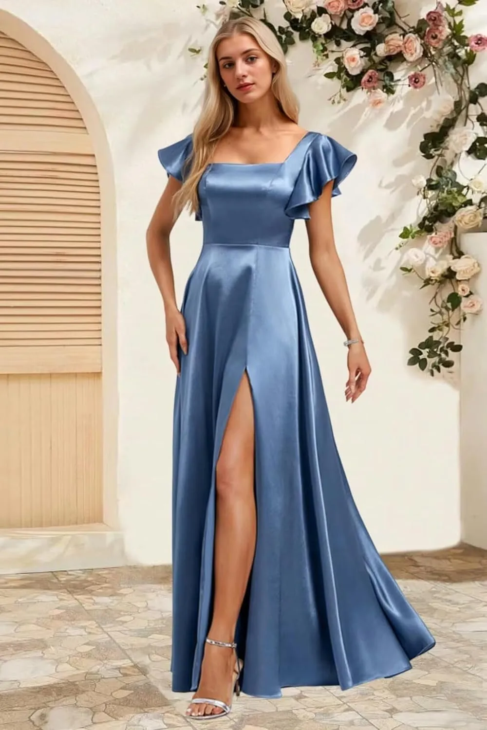 Bekvamlighet Flutter Sleeve Prom Dresses Long Satin Square Bridesmaid Dress for Women Formal Evening Gowns with Slit