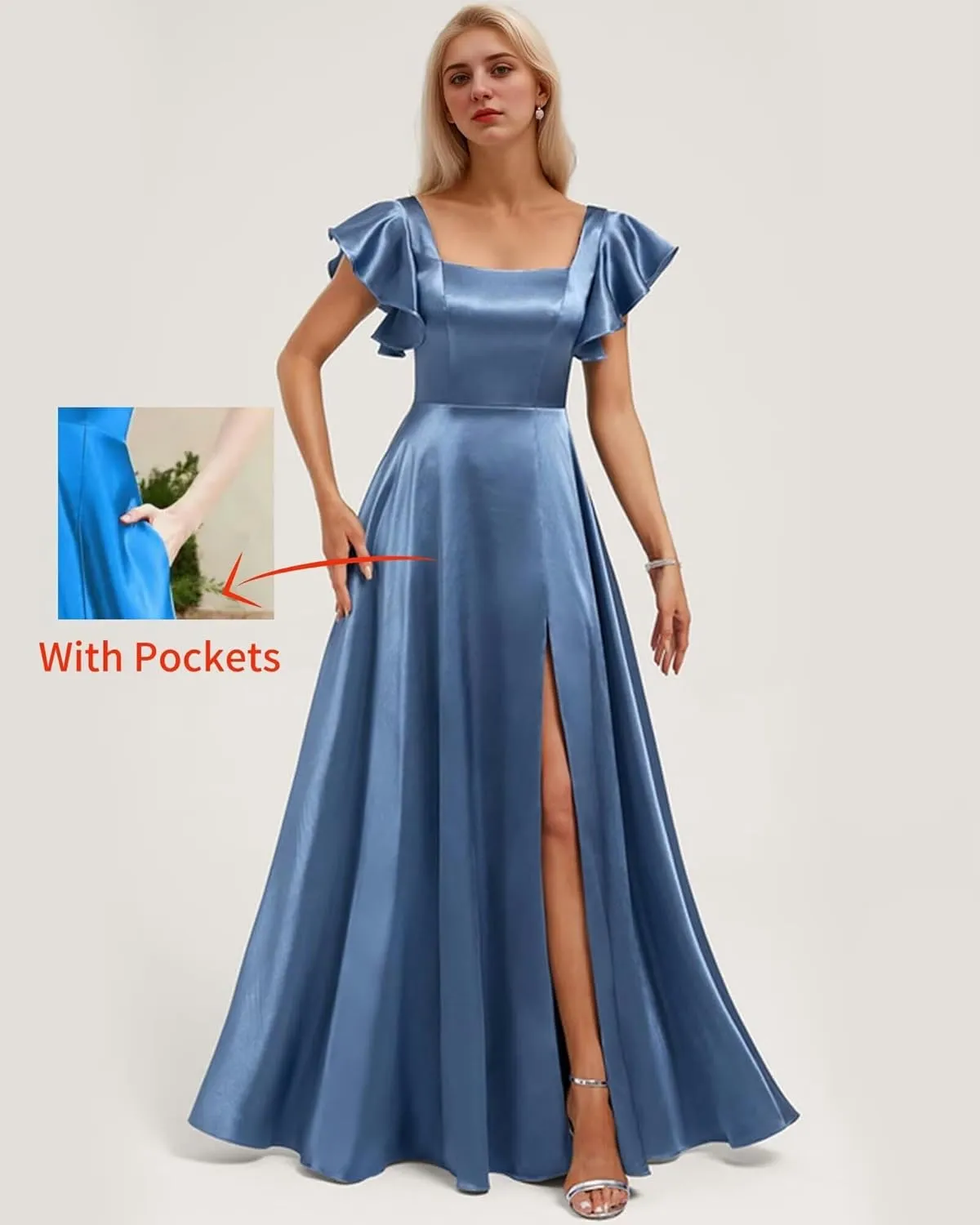 Bekvamlighet Flutter Sleeve Prom Dresses Long Satin Square Bridesmaid Dress for Women Formal Evening Gowns with Slit