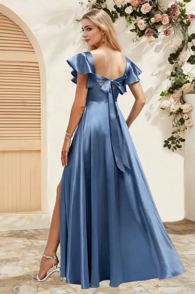 Bekvamlighet Flutter Sleeve Prom Dresses Long Satin Square Bridesmaid Dress for Women Formal Evening Gowns with Slit