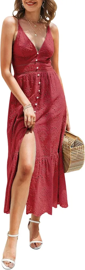 BerryGo Women's Embroidery Pearl Button Down Dress V Neck Spaghetti Strap Maxi Dress