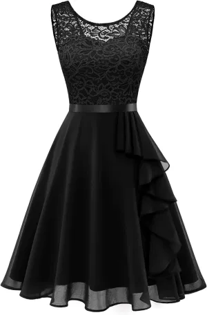BeryLove Women's Cocktail Dresses Prom Wedding Guest Short Bridesmaid Dresses Ruffle Hem Sleeveless Lace Formal Dress