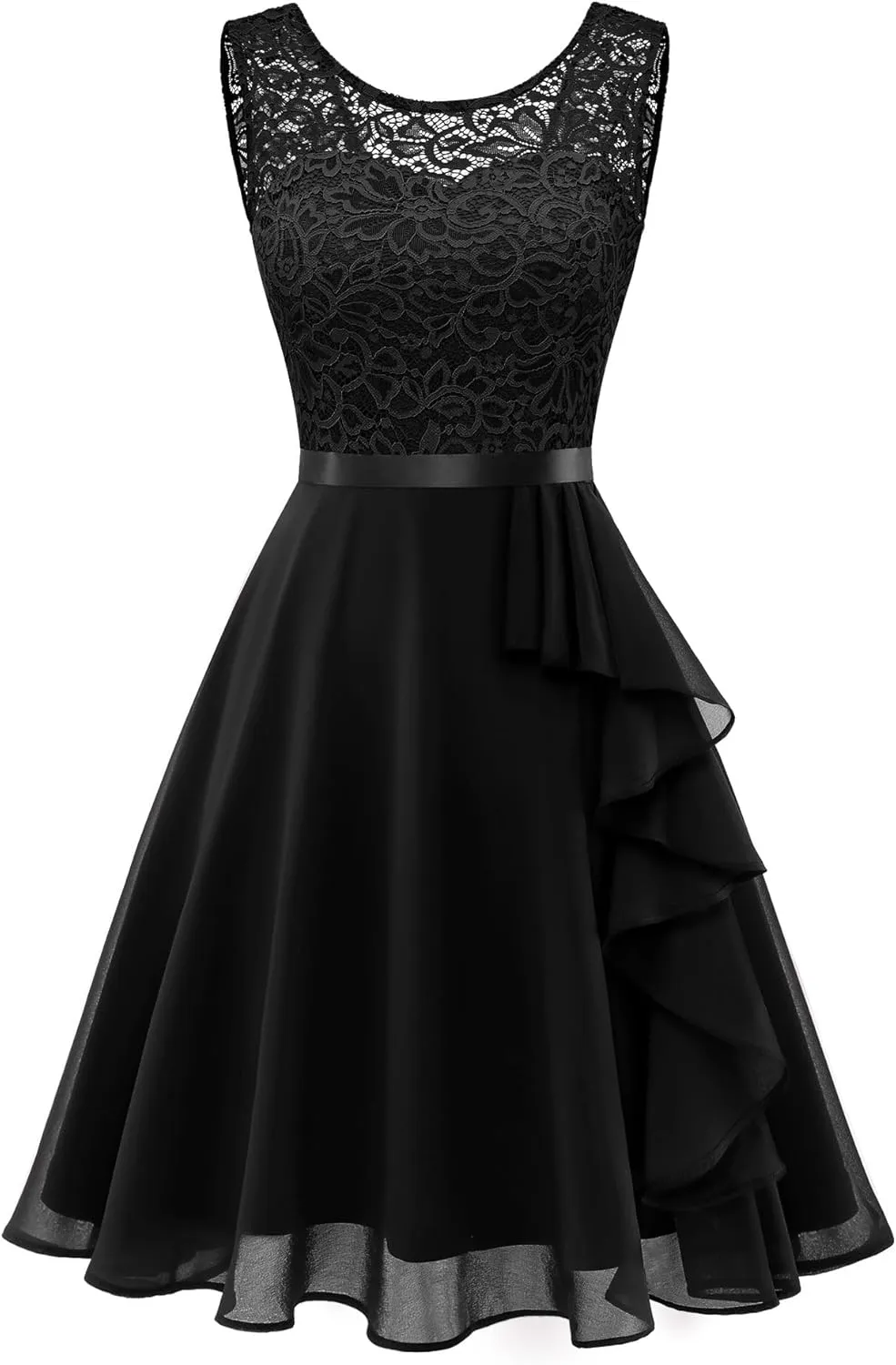 BeryLove Women's Cocktail Dresses Prom Wedding Guest Short Bridesmaid Dresses Ruffle Hem Sleeveless Lace Formal Dress