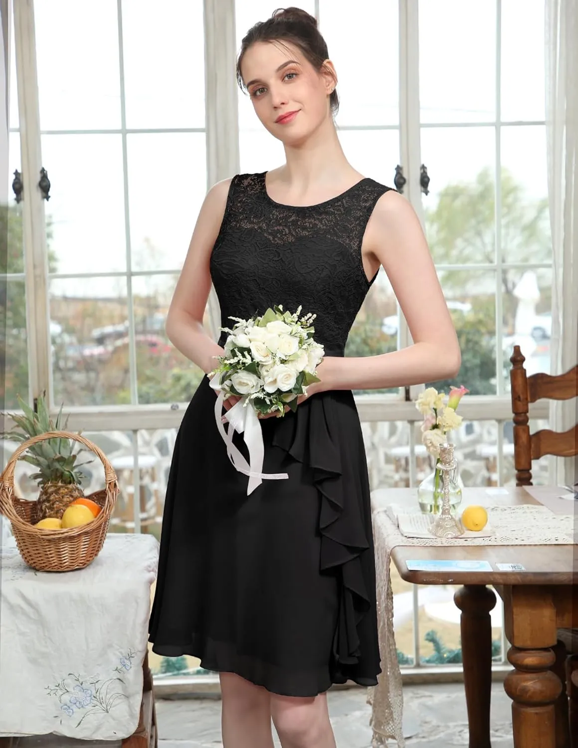 BeryLove Women's Cocktail Dresses Prom Wedding Guest Short Bridesmaid Dresses Ruffle Hem Sleeveless Lace Formal Dress