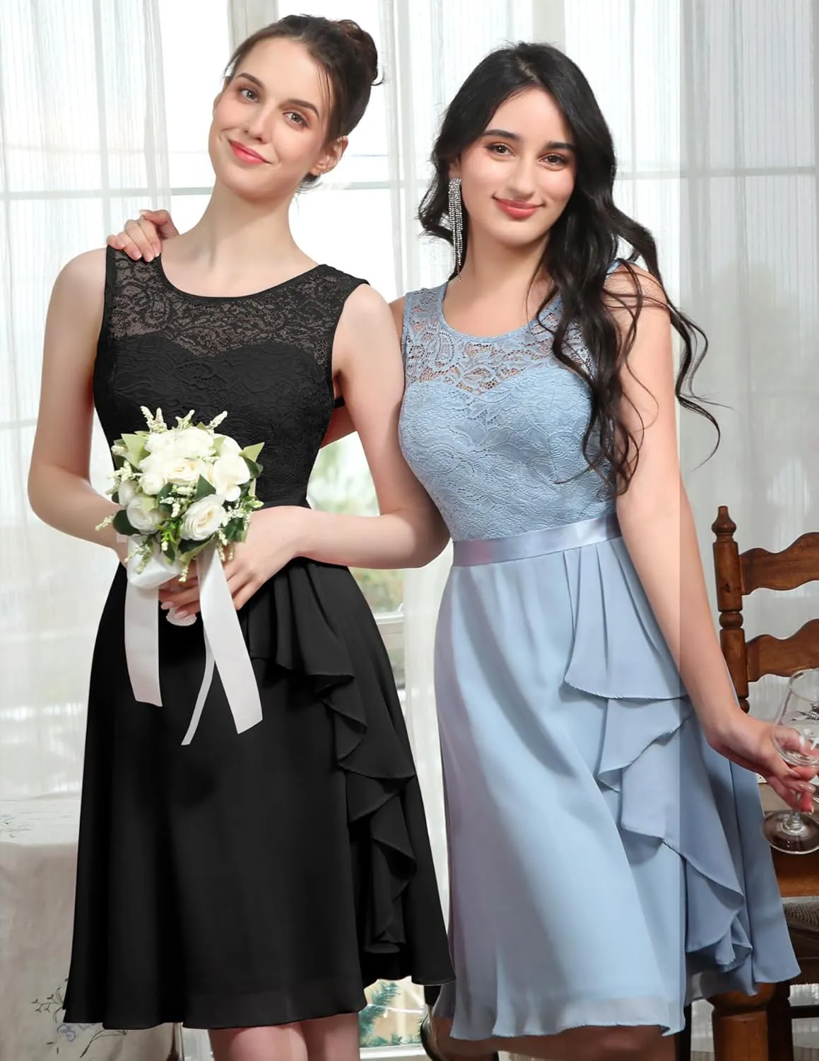 BeryLove Women's Cocktail Dresses Prom Wedding Guest Short Bridesmaid Dresses Ruffle Hem Sleeveless Lace Formal Dress