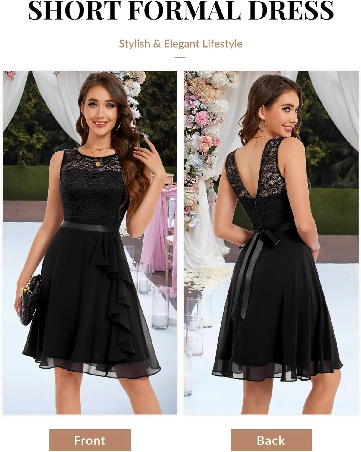 BeryLove Women's Cocktail Dresses Prom Wedding Guest Short Bridesmaid Dresses Ruffle Hem Sleeveless Lace Formal Dress