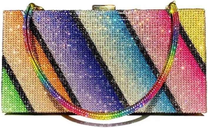 Bling Rainbow Rhinestones Evening Handbags Ladies Clutch Bag Purses for Women with 3 golden chains