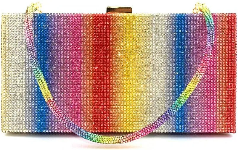 Bling Rainbow Rhinestones Evening Handbags Ladies Clutch Bag Purses for Women with 3 golden chains
