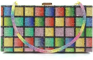 Bling Rainbow Rhinestones Evening Handbags Ladies Clutch Bag Purses for Women with 3 golden chains