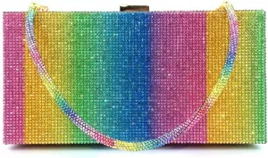 Bling Rainbow Rhinestones Evening Handbags Ladies Clutch Bag Purses for Women with 3 golden chains