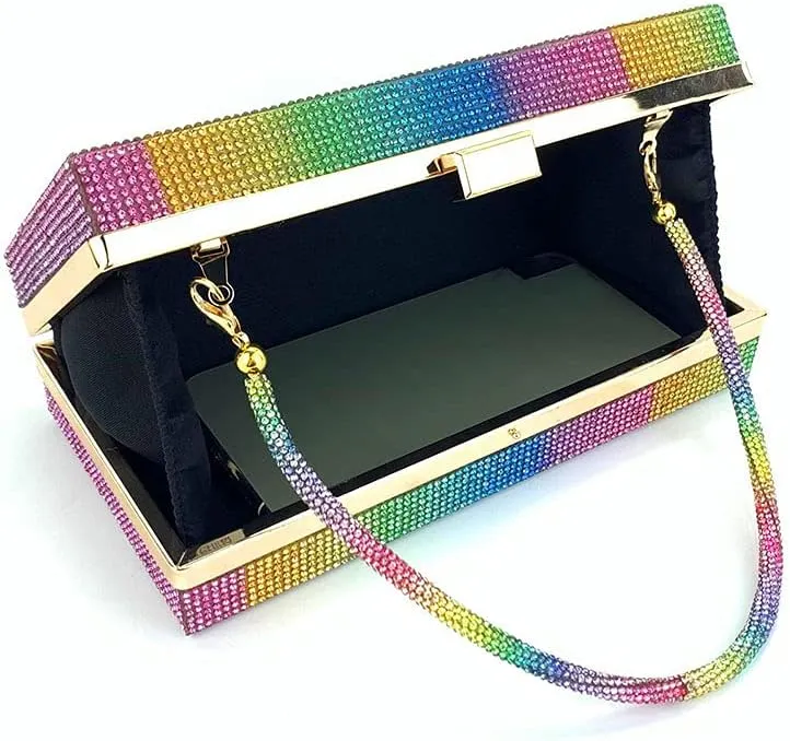 Bling Rainbow Rhinestones Evening Handbags Ladies Clutch Bag Purses for Women with 3 golden chains