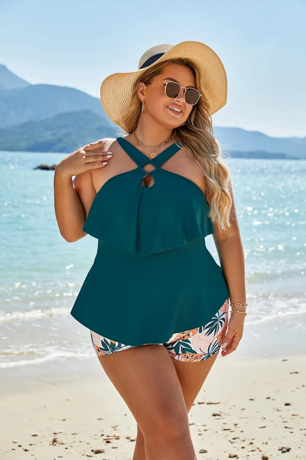 Blooming Jelly Womens Plus Size Tankini Swimsuits Two Piece Bathing Suits Tummy Control Flounce with Shorts