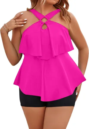 Blooming Jelly Womens Plus Size Tankini Swimsuits Two Piece Bathing Suits Tummy Control Flounce with Shorts