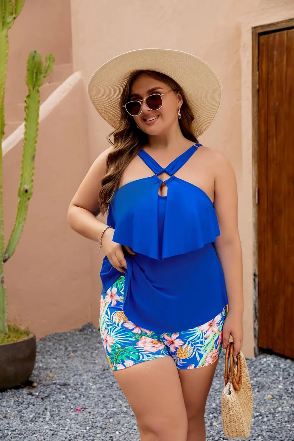 Blooming Jelly Womens Plus Size Tankini Swimsuits Two Piece Bathing Suits Tummy Control Flounce with Shorts