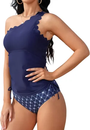 BLUEMING Women Two Piece Swimsuits One Shoulder Bathing Suits Tummy Control Ruched Wavy Edge Tankini Sets